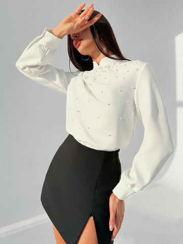 Privé Elegant Asymmetrical Collar Romantic Sophisticated White Shirt With Pearl Decor, Long Sleeve, Suitable For Office Commuting, Winter New Design