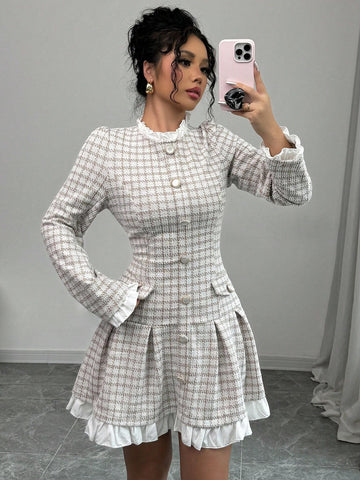 Elegant Checked Tweed Waist-Cinched Boat Neck Ruffled Pearl Button Decorative Pleat Women Long Sleeve Short Dress