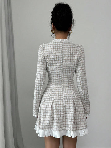 Elegant Checked Tweed Waist-Cinched Boat Neck Ruffled Pearl Button Decorative Pleat Women Long Sleeve Short Dress