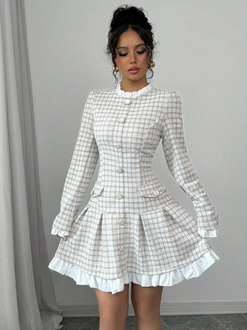Elegant Checked Tweed Waist-Cinched Boat Neck Ruffled Pearl Button Decorative Pleat Women Long Sleeve Short Dress
