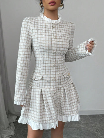 Elegant Checked Tweed Waist-Cinched Boat Neck Ruffled Pearl Button Decorative Pleat Women Long Sleeve Short Dress