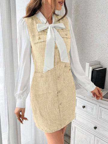 Elegant Color Block Collar Tie Long Sleeve Dress For Spring/Summer
