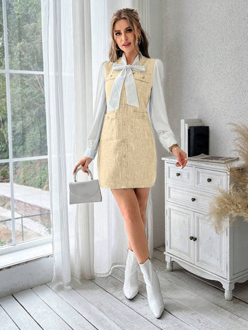 Elegant Color Block Collar Tie Long Sleeve Dress For Spring/Summer