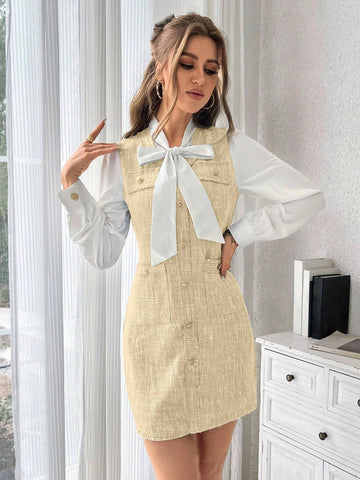 Elegant Color Block Collar Tie Long Sleeve Dress For Spring/Summer