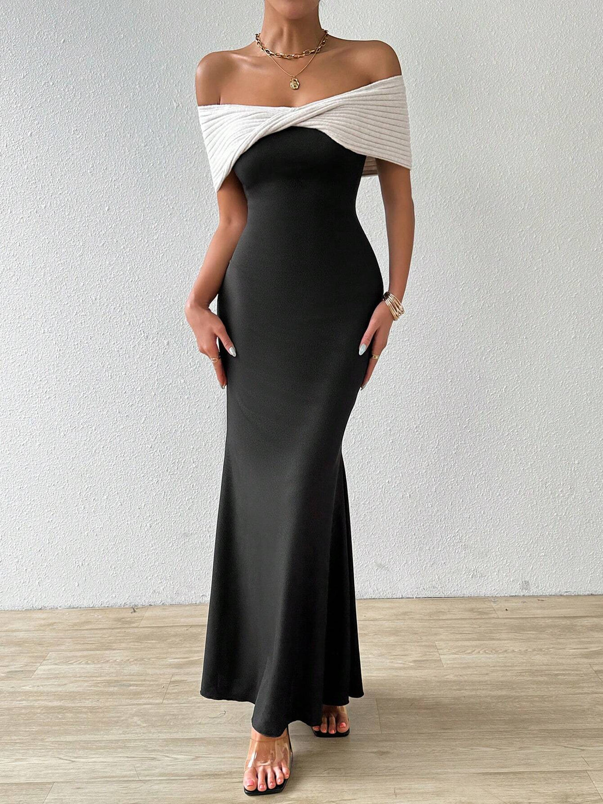 Elegant Colorblock Off Shoulder Twist Knot Mermaid Dress For Summer