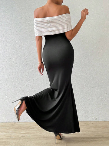 Elegant Colorblock Off Shoulder Twist Knot Mermaid Dress For Summer