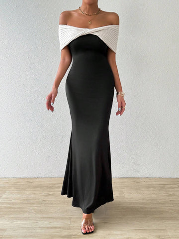 Elegant Colorblock Off Shoulder Twist Knot Mermaid Dress For Summer