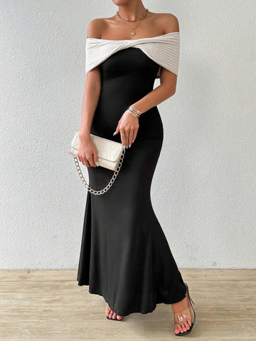 Elegant Colorblock Off Shoulder Twist Knot Mermaid Dress For Summer