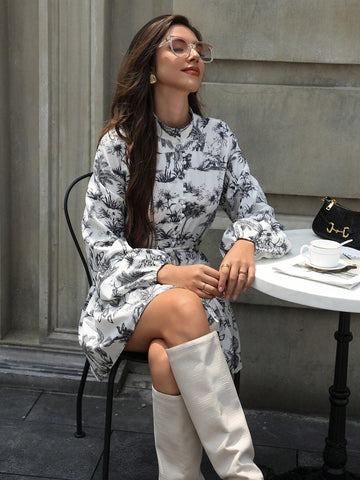 Elegant Commuter Floral Colorblock Print Stand Collar Button Up Puff Sleeve Waisted Fit Flare Sho