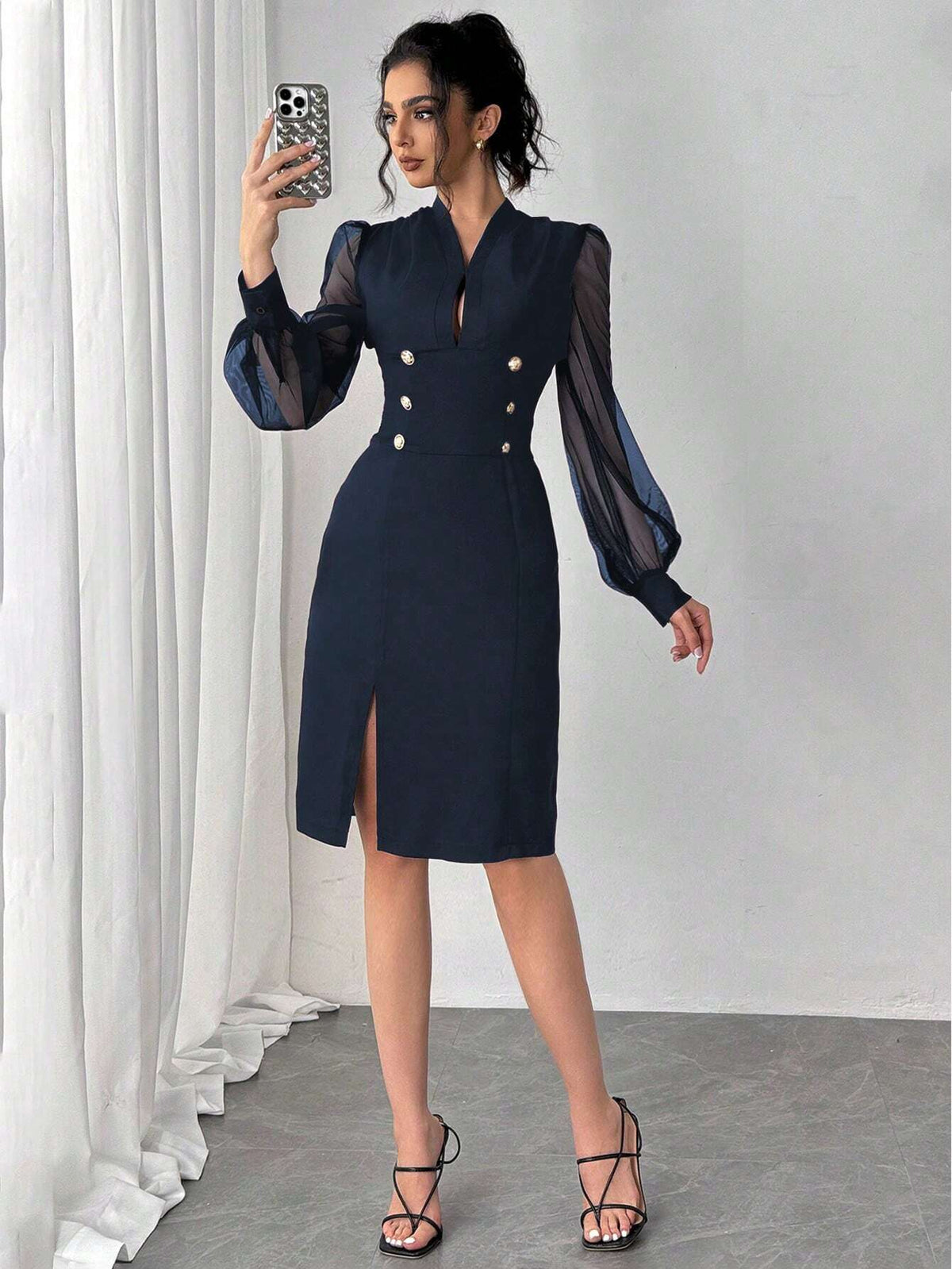 Elegant Commuter Mesh Patchwork Sleeve Dress