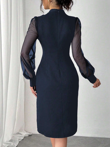 Elegant Commuter Mesh Patchwork Sleeve Dress