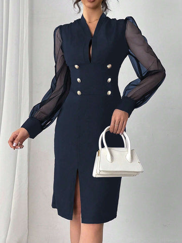 Elegant Commuter Mesh Patchwork Sleeve Dress