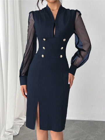 Elegant Commuter Mesh Patchwork Sleeve Dress