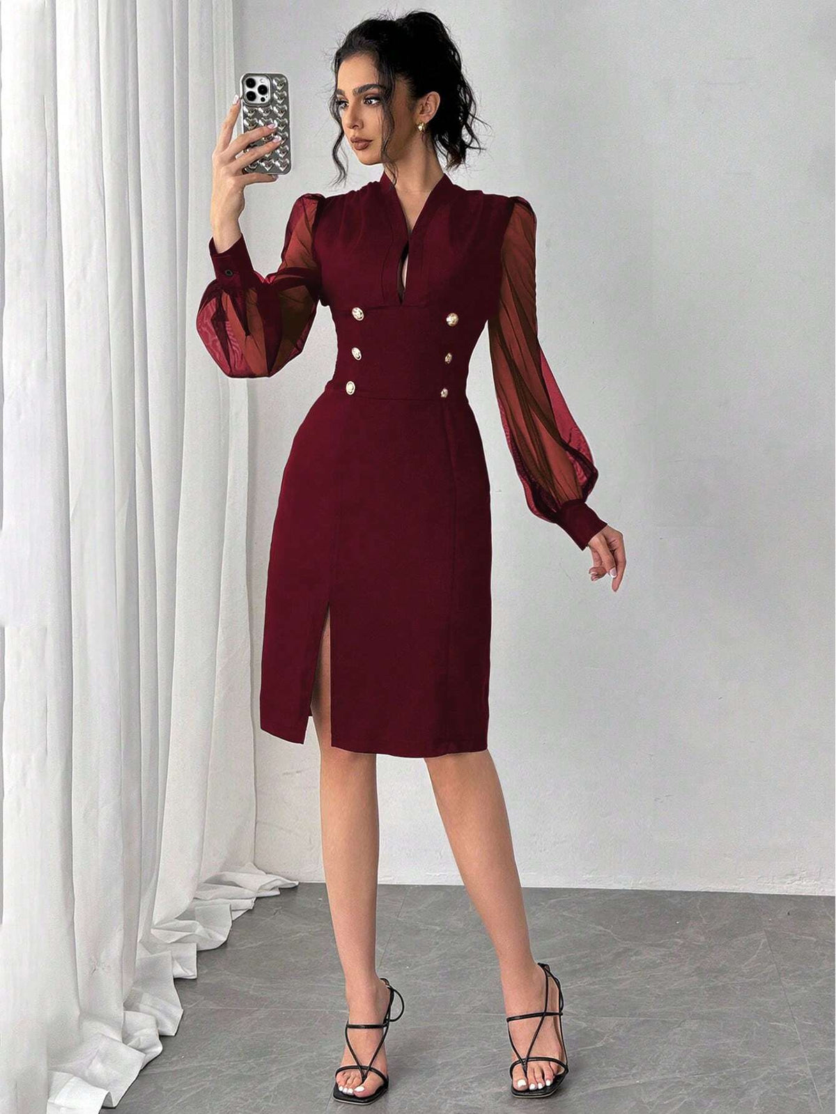 Elegant Commuter Mesh Splice Sleeve Dress
