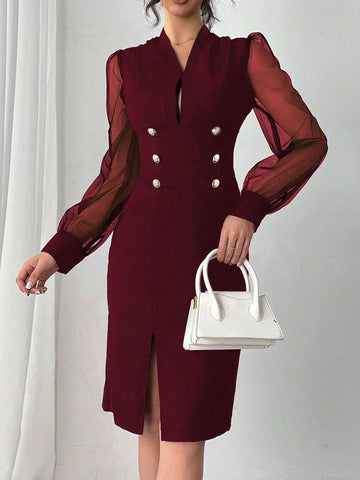 Elegant Commuter Mesh Splice Sleeve Dress
