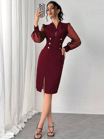 Elegant Commuter Mesh Splice Sleeve Dress