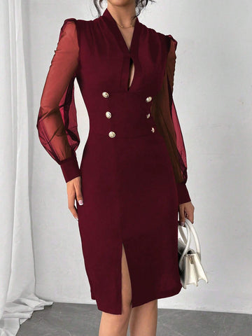 Elegant Commuter Mesh Splice Sleeve Dress