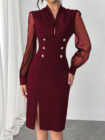 Elegant Commuter Mesh Splice Sleeve Dress