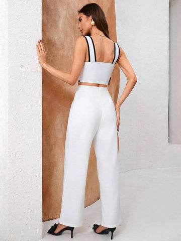 Elegant Commuting Color-Block Hollowed Bowknot Decor Vest Top And Pants Women 2 Piece Set