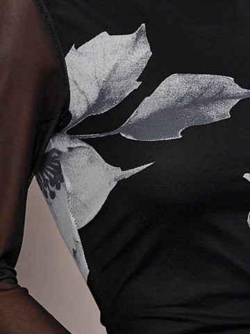Elegant Commuting See-Through Mesh Splice Floral Print Round Neck Waisted Long Sleeve Bodycon