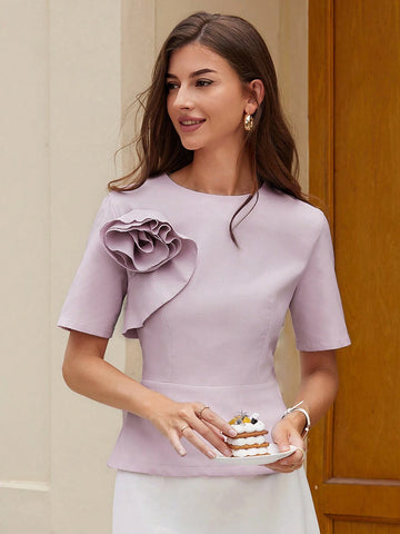 Privé Elegant Commuting Women's Three-Dimensional Flower Slimming A-Line Shirt With Ruffled Hem