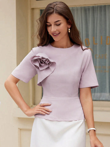 Privé Elegant Commuting Women's Three-Dimensional Flower Slimming A-Line Shirt With Ruffled Hem