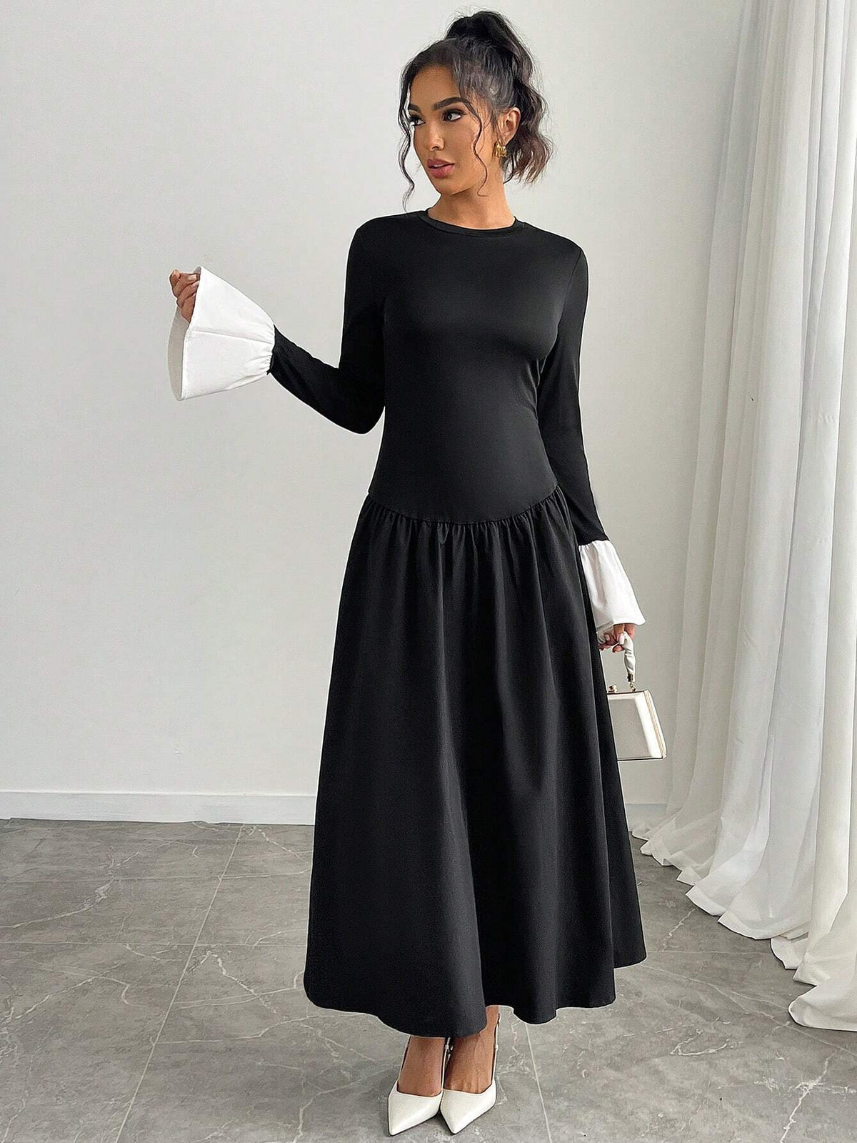 Elegant Contrast Color Block Long Dress For Autumn