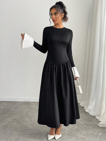 Elegant Contrast Color Block Long Dress For Autumn