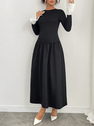 Elegant Contrast Color Block Long Dress For Autumn