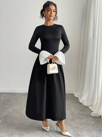 Elegant Contrast Color Block Long Dress For Autumn