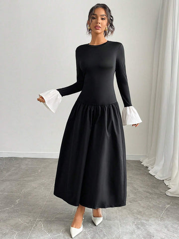 Elegant Contrast Color Block Long Dress For Autumn