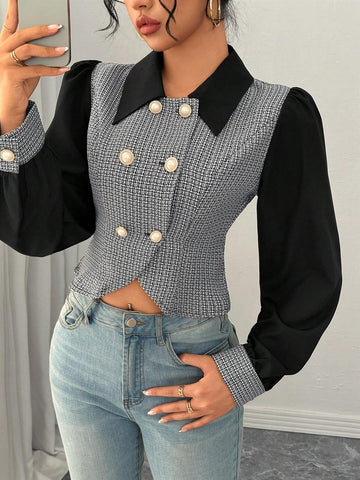 Privé Elegant Daily Versatile Color-Block Lapel Double-Breasted Long Sleeve Shirt,