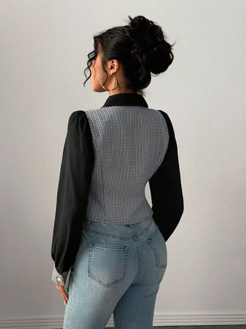 Privé Elegant Daily Versatile Color-Block Lapel Double-Breasted Long Sleeve Shirt,