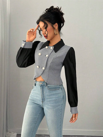 Privé Elegant Daily Versatile Color-Block Lapel Double-Breasted Long Sleeve Shirt,