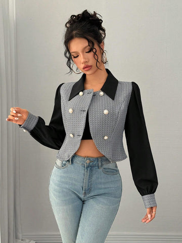 Privé Elegant Daily Versatile Color-Block Lapel Double-Breasted Long Sleeve Shirt,