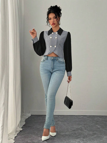 Privé Elegant Daily Versatile Color-Block Lapel Double-Breasted Long Sleeve Shirt,