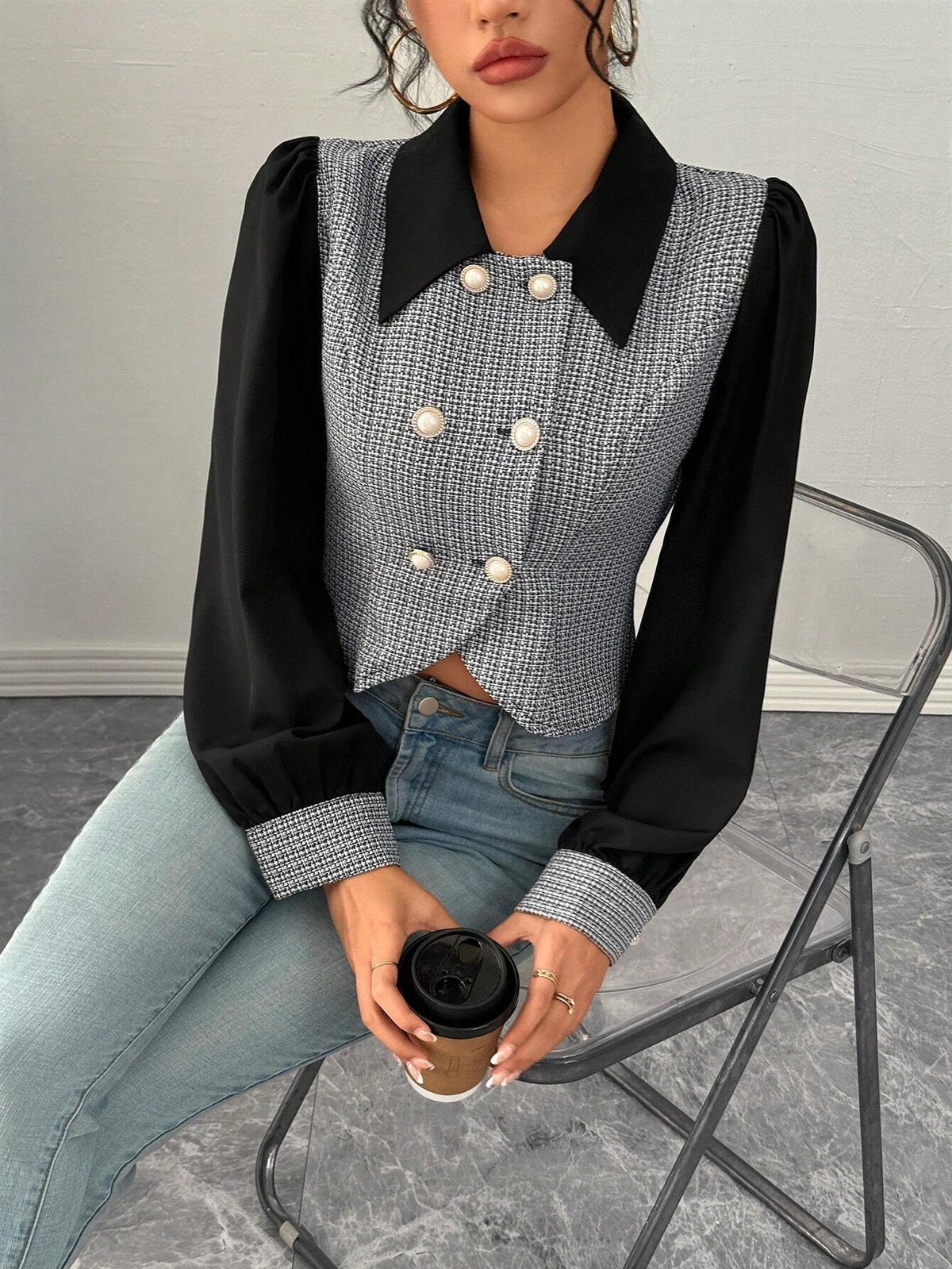 Privé Elegant Daily Versatile Color-Block Lapel Double-Breasted Long Sleeve Shirt,