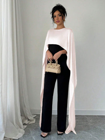 Elegant Fashion 2 In 1 Jumpsuit, Knitted Patchwork Round Neck Back Slit Contrast Color, Autumn/Winter