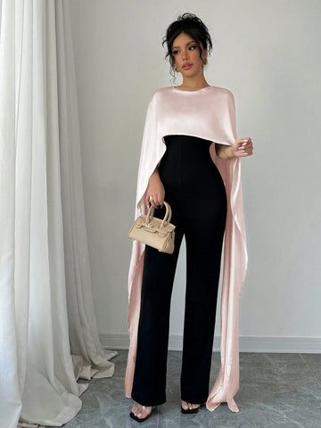 Elegant Fashion 2 In 1 Jumpsuit, Knitted Patchwork Round Neck Back Slit Contrast Color, Autumn/Winter