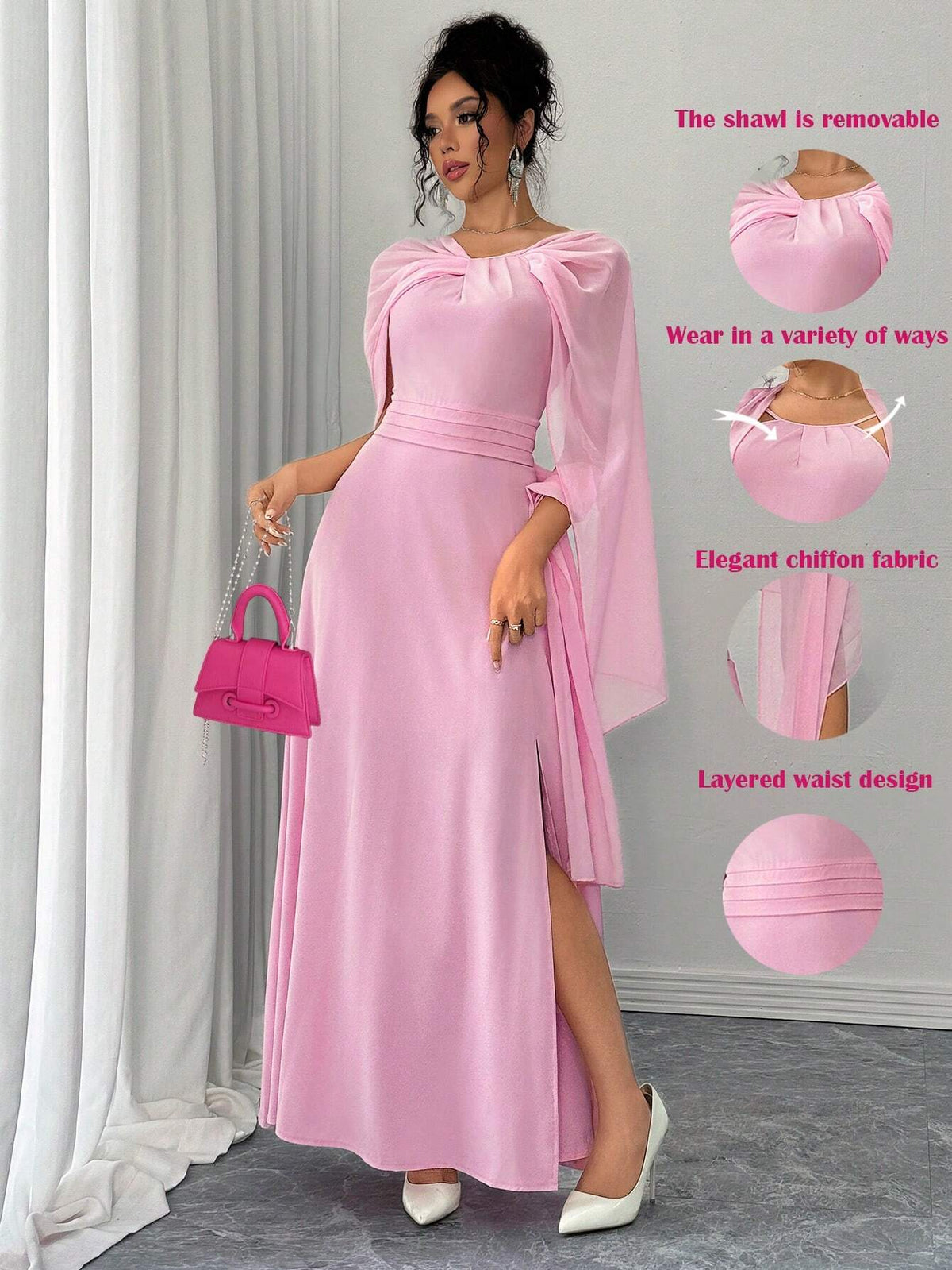 Elegant Fashionable Versatile Date Party Halter Cape-Style Cinched Waist Slit Dress, Pink, Autumn/Winter