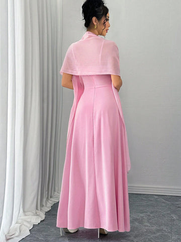 Elegant Fashionable Versatile Date Party Halter Cape-Style Cinched Waist Slit Dress, Pink, Autumn/Winter