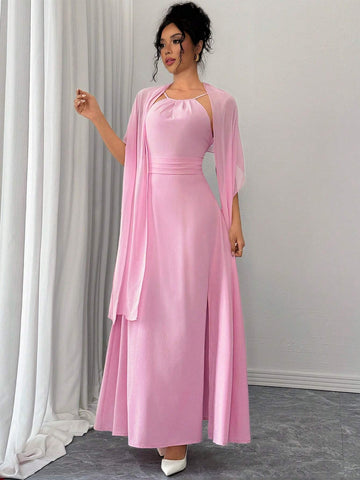 Elegant Fashionable Versatile Date Party Halter Cape-Style Cinched Waist Slit Dress, Pink, Autumn/Winter