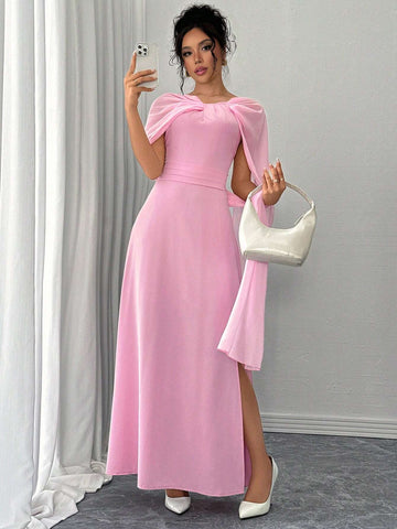 Elegant Fashionable Versatile Date Party Halter Cape-Style Cinched Waist Slit Dress, Pink, Autumn/Winter