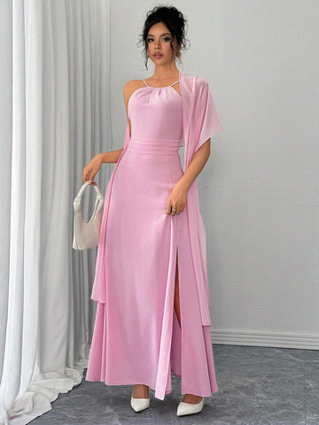 Elegant Fashionable Versatile Date Party Halter Cape-Style Cinched Waist Slit Dress, Pink, Autumn/Winter