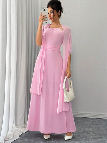 Elegant Fashionable Versatile Date Party Halter Cape-Style Cinched Waist Slit Dress, Pink, Autumn/Winter