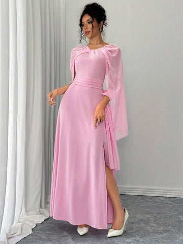 Elegant Fashionable Versatile Date Party Halter Cape-Style Cinched Waist Slit Dress, Pink, Autumn/Winter