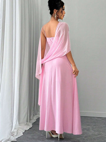 Elegant Fashionable Versatile Date Party Halter Cape-Style Cinched Waist Slit Dress, Pink, Autumn/Winter