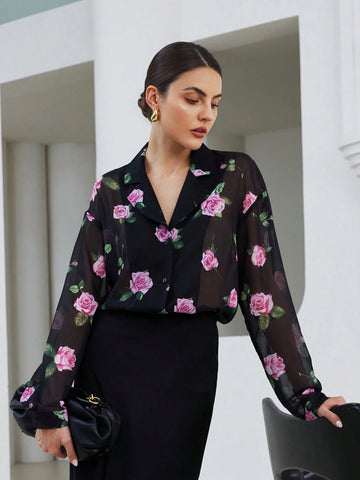 Privé Elegant Floral Print Lapel Collar V-Neck See-Through Sleeved Black Blouse
