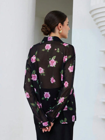 Privé Elegant Floral Print Lapel Collar V-Neck See-Through Sleeved Black Blouse