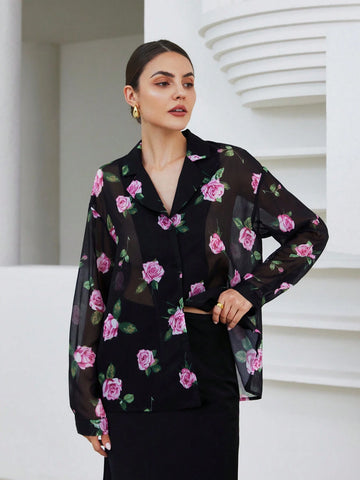 Privé Elegant Floral Print Lapel Collar V-Neck See-Through Sleeved Black Blouse